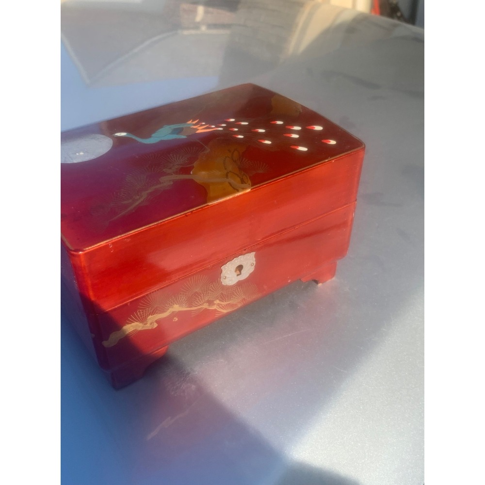 Vintage Japanese Lacquer Ballerina Music Jewelry Box Peacock Moon Red Velvet - Picture 14 of 15